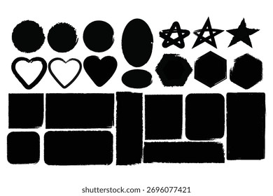 Collection of black hand-drawn shapes including hearts, stars, ovals, hexagons, and rectangles with a textured brush stroke effect.