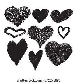 Collection of black hand-drawn sketch hearts for Valentines Day design. Set vector illustration hearts in doodle style holiday sketch art.
