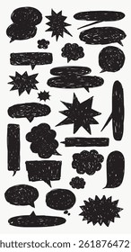 A collection of black, hand-drawn speech bubbles and thought clouds in various shapes and sizes, perfect for comics, notes, and creative designs. Message illustration vector.