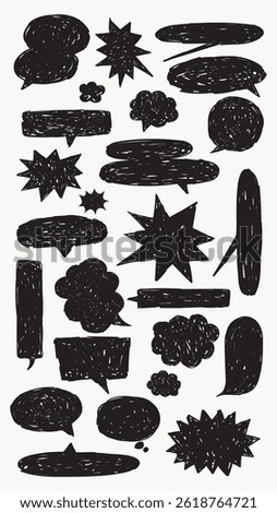 A collection of black, hand-drawn speech bubbles and thought clouds in various shapes and sizes, perfect for comics, notes, and creative designs. Message illustration vector.
