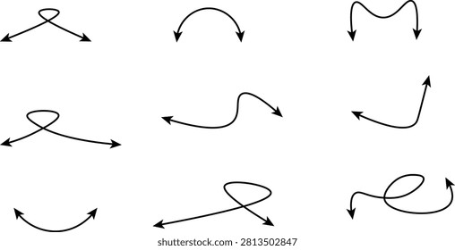 A collection of black hand-drawn vector curving arrows, loops, and wavy lines isolated on a white background. This versatile set includes double-ended arrows, loop-de-loops, arches, and smooth curves, perfect for infographics, diagrams, flowcharts, user interface design, and creative graphic projects.
#VectorArrows #GraphicDesign #DesignElements #HandDrawn #VectorArt #InfographicElements #ArrowIcons #CurveLines #CreativeDesign #DesignAssets
