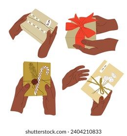 Collection of black hands with gifts boxes on holidays. Four pare of hands giving gifts on holiday. Birthday, Valentines, anniversary, wedding concept compositions. Good for sticker, printout, pattern