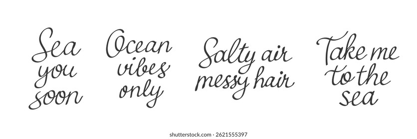 Coleção de preto manuscrito verão mar citações sobre fundo branco. Frases incluem "Ocean vibes only", "Sea you soon", "Take me to the sea" e "Salty air messy hair". 