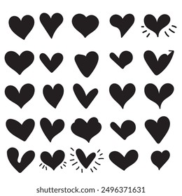 Collection of black heart icon,Hand drawn different hearts.Vector  heart symbol icon set.black and white design.