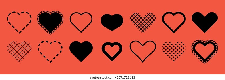 A collection of black heart icons on a red background. Various heart designs include dotted, solid, and patterned hearts. Heart shapes in different styles. Valentine's Day elements, vector set.