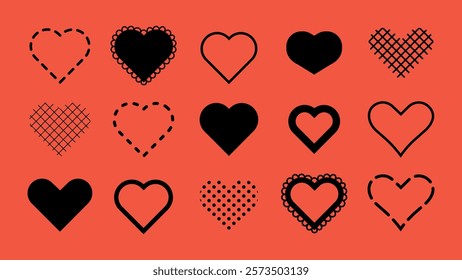 A collection of black heart icons on a red background. Various heart shapes, patterns, and designs. Heart icons for love, romance, and decoration. Valentine's Day elements, vector set.