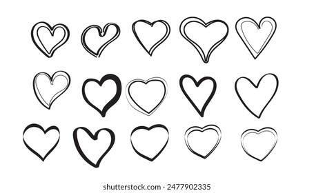 Colección de la ilustración del corazón negro, corazones dibujados a mano. Conjunto de iconos de símbolos de Vector. Diseño blanco y negro.