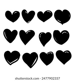 Colección de la ilustración del corazón negro, corazones dibujados a mano. Conjunto de iconos de símbolos de Vector. Diseño blanco y negro.