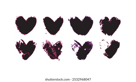 Collection of black heart shaped fingerprints, love concept, hearts of different designs, Valentine holiday black fingermark patterns, wedding card thumbprints, love fingerprint icons in heart shape