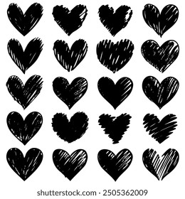 A collection of black hearts displayed prominently on a white background