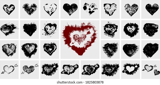 Collection black Hearts illustration. Hand drawn Brush pen painting. Valentine's day love style.
