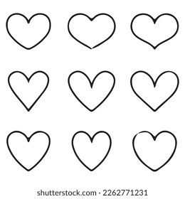 Collection black Hearts illustration. Hand drawn Brush pen painting. Valentine's day romantic style.