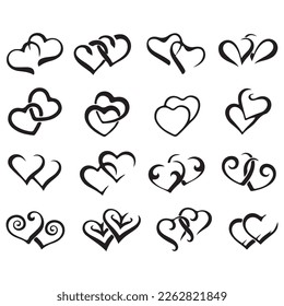 Collection black Hearts illustration. Hand drawn Brush pen painting. Valentine's day romantic style.