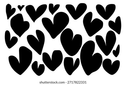 Collection of black hearts on transparent background, various sizes and shapes, symbolizing love and affection in a minimalist style