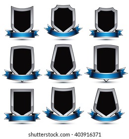 Collection of black heraldic 3d glamorous icons with gray outline, silver graphic objects with wavy stripes.  Vector design element, symbolic protection shields.