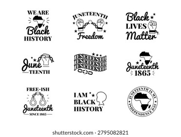 Collection of Black history and Juneteenth typographic emblems and Black Lives Matter badges