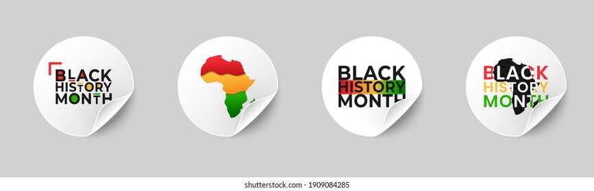 Collection of Black History Month stickers with rolled up corners. Set of realistic round labels with curled edge, design element for national holiday celebration.