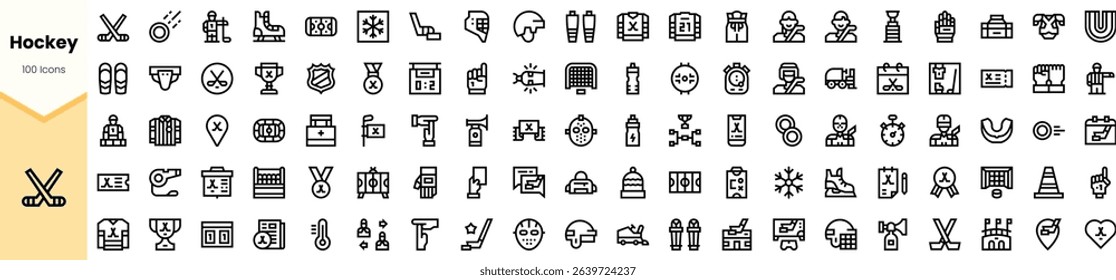 A collection of black hockey-themed icons, showcasing various elements like equipment, trophies, and sports-related symbols.
