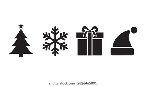 A collection of black holiday icons featuring a Christmas tree, snowflake, gift box, and Santa hat, perfect for festive designs and seasonal themes.