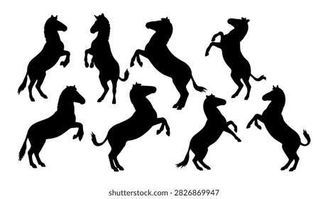 Collection of black horse silhouettes showcasing various rearing and jumping poses, emphasizing strength and agility in equine forms.