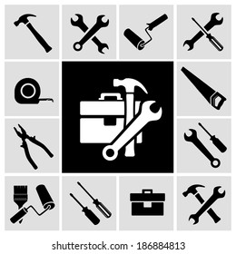 A Collection Of Black House Maintenance Or Renovation Working Tools Isolated Icons Set Of Hammer Wrench Screwdriver And Measuring Tape Vector Illustration