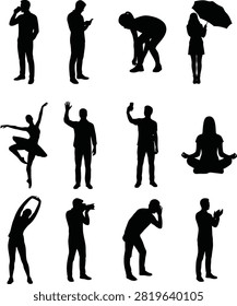 Collection of black human activity silhouettes showing everyday lifestyle actions including phone use, dancing, meditation, stretching, photography, communication, and standing poses. Ideal for infographics, presentations, icons, educational materials, social media graphics, and commercial vector design projects.Collection of black human activity silhouettes showing everyday lifestyle actions including phone use, dancing, meditation, stretching, photography, communication, and standing poses. Ideal for infographics, presentations, icons, educational materials, social media graphics, and commercial vector design projects.