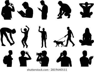 Collection of black human activity silhouettes featuring everyday lifestyle actions such as reading, drinking, texting, stretching, meditation, photography, walking a dog, waving, and fitness poses. Perfect for infographics, educational materials, presentations, mobile apps, websites, icons, and commercial vector design projects.Collection of black human activity silhouettes featuring everyday lifestyle actions such as reading, drinking, texting, stretching, meditation, photography, walking a dog, waving, and fitness poses. Perfect for infographics, educational materials, presentations, mobile apps, websites, icons, and commercial vector design projects.