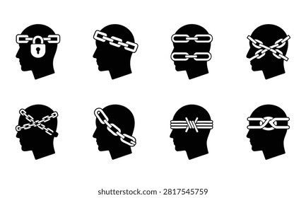 Collection of black human head profile icons symbolizing mental confinement and restrictions with chains and locks