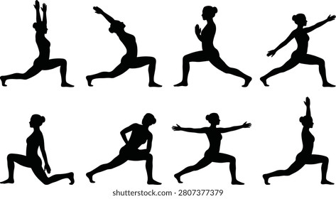 Collection of black human silhouettes demonstrating warrior, high lunge, and crescent lunge yoga poses with various arm positions. Ideal for yoga instruction, fitness guides, wellness content, exercise illustrations, and vector design projects.