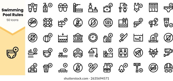 A collection of black icons illustrating swimming pool rules, featuring various safety, activity, and maintenance symbols.