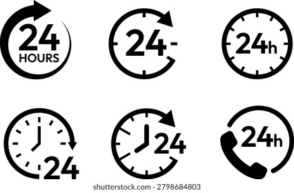A collection of black icons indicating 24 hours round the clock non stop service and support.