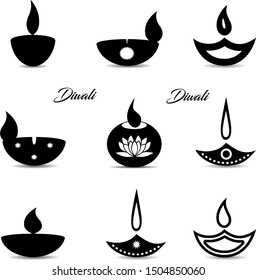 Collection of black icons, Islamic oil lamp symbol. Decorations for the holiday of Diwali. On a white background, vector