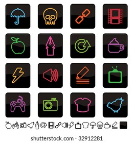 collection of black icons with neon colored designs, set 2