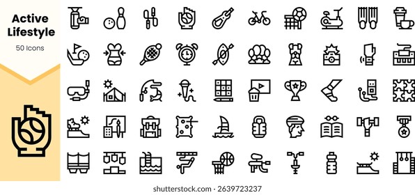A collection of black icons representing an active lifestyle, featuring sports, fitness, and outdoor activities, emphasizing health and well-being.