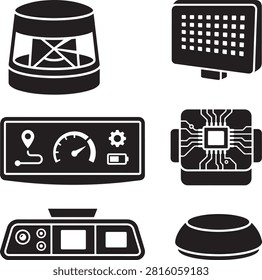 A collection of black icons representing agricultural technology, including sensors, GPS panels, electronic components, and farm automation hardware.