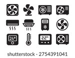 A collection of black icons representing air conditioning units, fans, thermostats, and temperature readings.