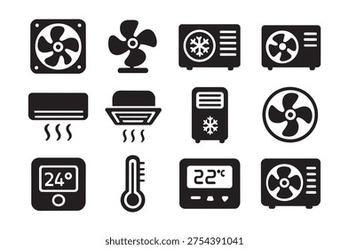 A collection of black icons representing air conditioning units, fans, thermostats, and temperature readings.