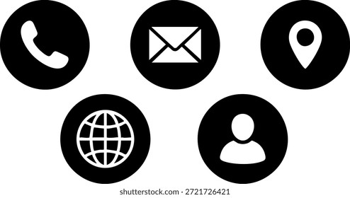 Colección de iconos negros que representan la comunicación y la ubicación sobre un fondo blanco