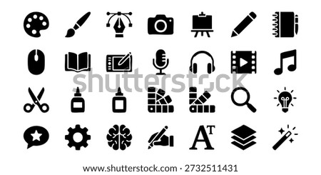 Collection of black icons representing creativity and productivity tools on a clean white background