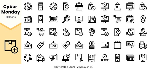 A collection of black icons representing Cyber Monday shopping themes, including sales, delivery, and digital purchases.