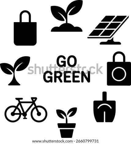 A collection of black icons representing eco-friendly concepts including plants, a bicycle, solar panel, and shopping bags with the text GO GREEN.