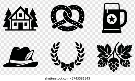 A collection of black icons representing elements of Bavarian culture and Oktoberfest celebrations