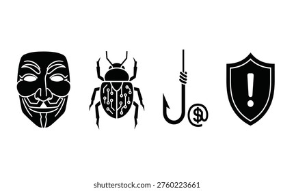 Collection of black icons representing hacker tools and security