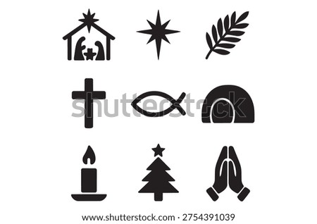 A collection of black icons representing key Christian and Christmas beliefs and traditions.