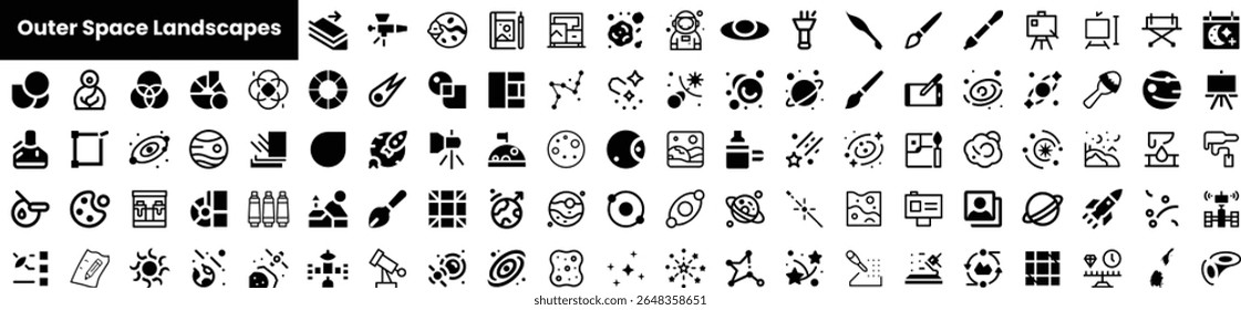 Uma coleção de ícones pretos representando paisagens do espaço exterior, com planetas, estrelas, foguetes e elementos celestes, ideais para projetos de design e ilustração.