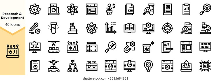 A collection of black icons representing research and development concepts, featuring lab equipment, graphs, and scientific symbols.
