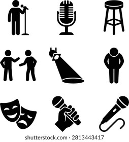 A collection of black icons representing stand-up comedy, theater, performance, and public speaking elements on a white background.