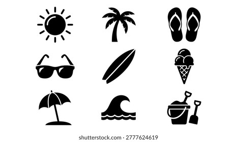 Collection of black icons representing summer vacation elements: sun, palm tree, flip-flops, surfboard, ice cream, beach umbrella, wave, and sand bucket with shovels.