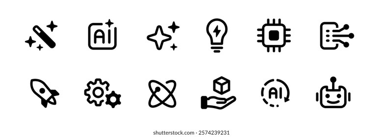 Collection of black icons representing technology and innovation themes