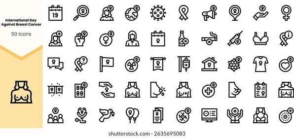 A collection of black icons representing themes and symbols related to International Day Against Breast Cancer, including awareness, support, and health.